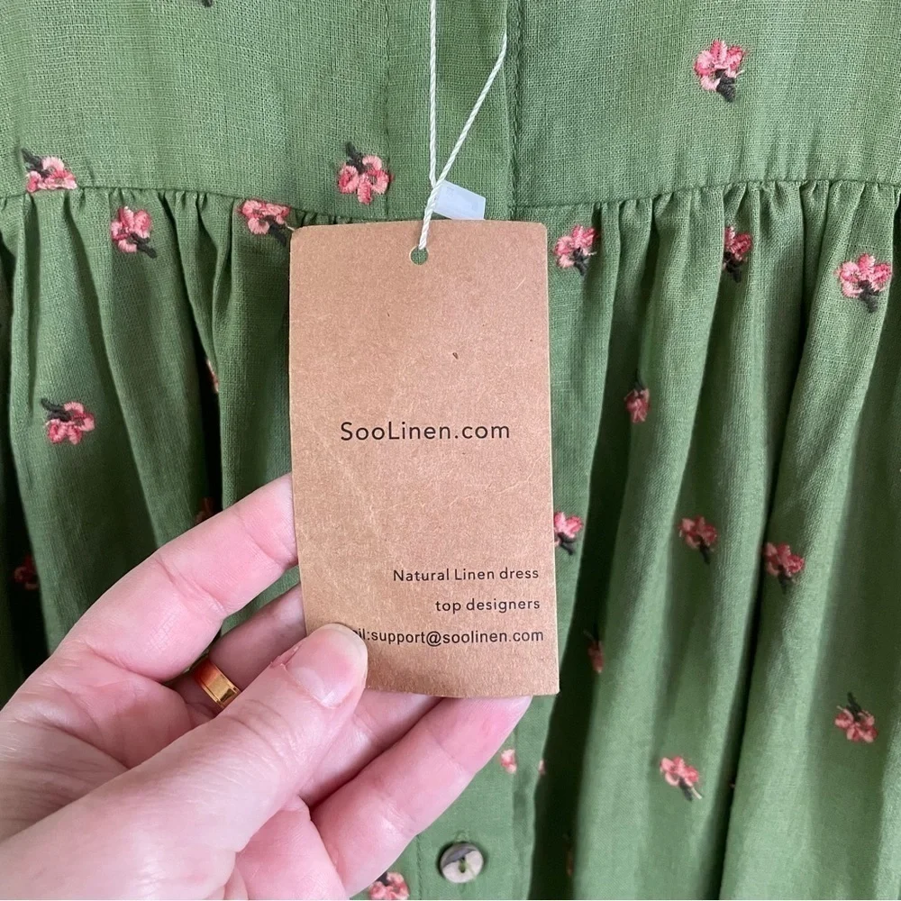 Soolinen Floral Embroidered Belted Midi Button Front Dress Green Size Large